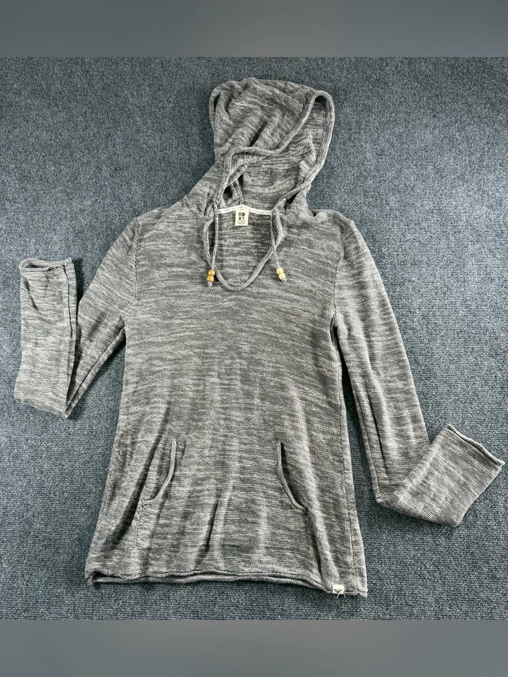 Roxy Women's Knit Hoodie Grey Marble V-Neck Pullover Sweater Size XL Surf Beach
